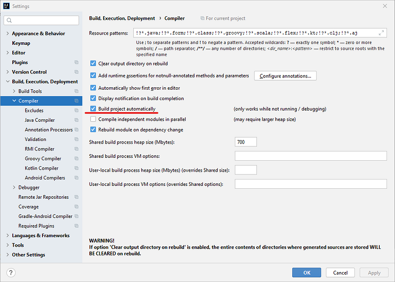 IntelliJ IDEA Compiler settings with Build project automatically enabled