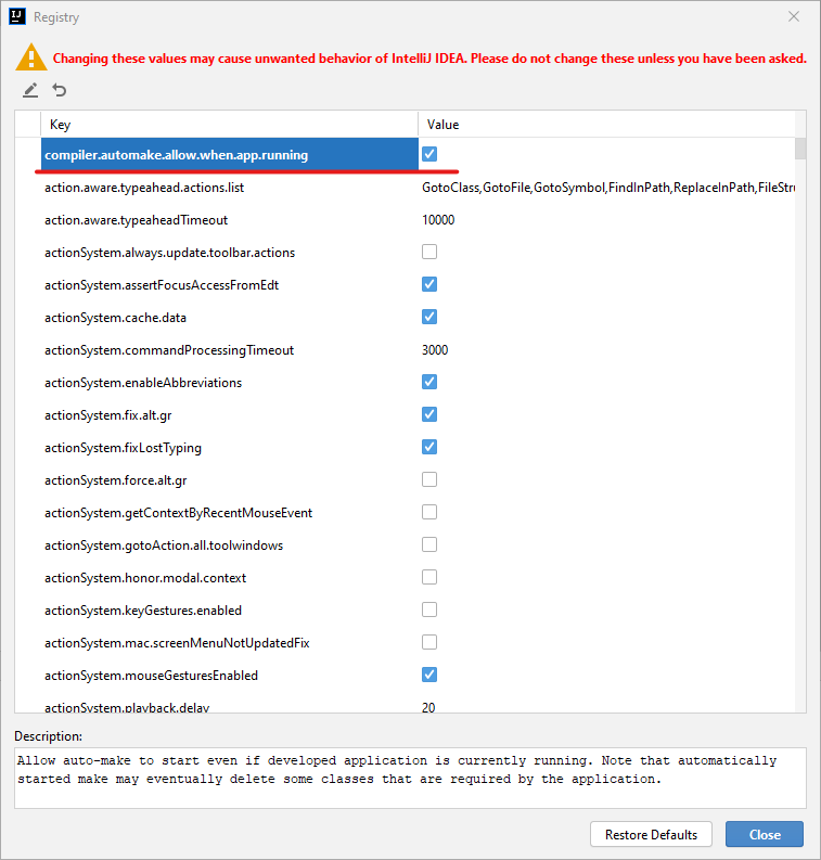 Enabling compiler.automake.allow.when.app.running in the Registry