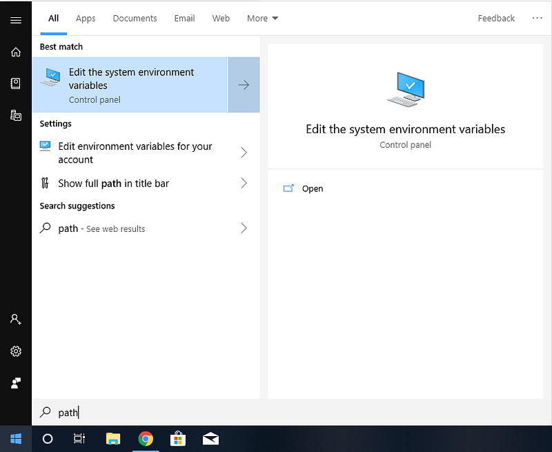 Windows search showing Edit the system environment variables