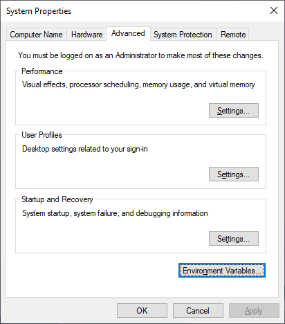 System Properties window with the Environment Variables button
