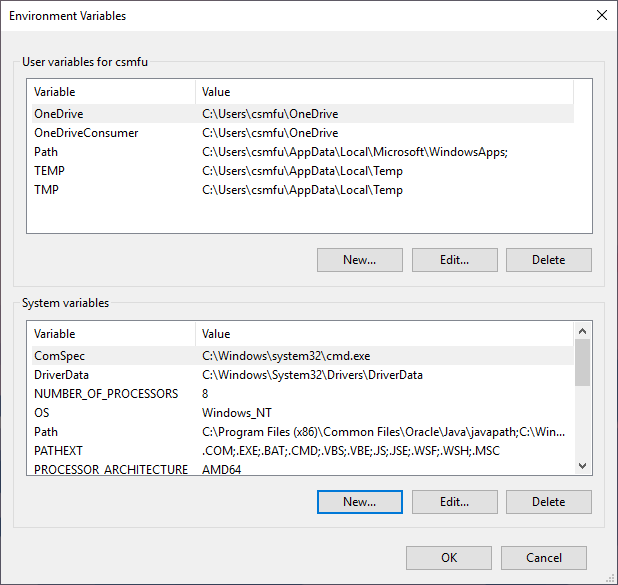 Environment Variables window with the New button under System variables