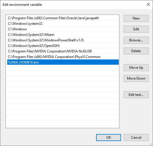 Edit environment variable window