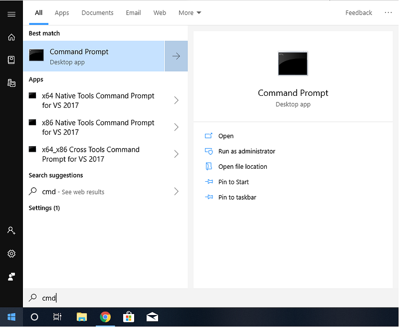 Windows search showing Command Prompt