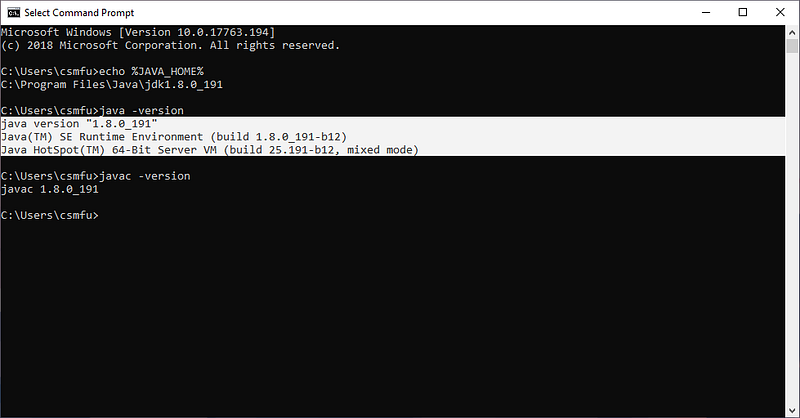 Command Prompt printing java and javac versions