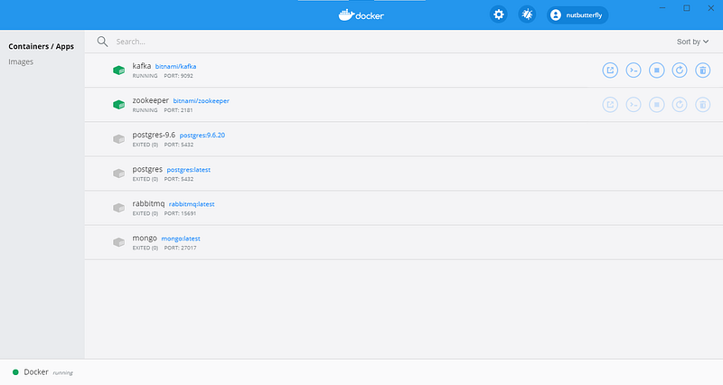 Docker Dashboard showing the ZooKeeper and Kafka containers running