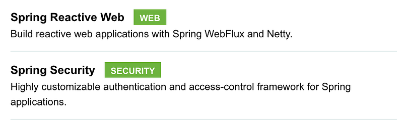 Spring Initializr with Spring Reactive Web and Spring Security selected